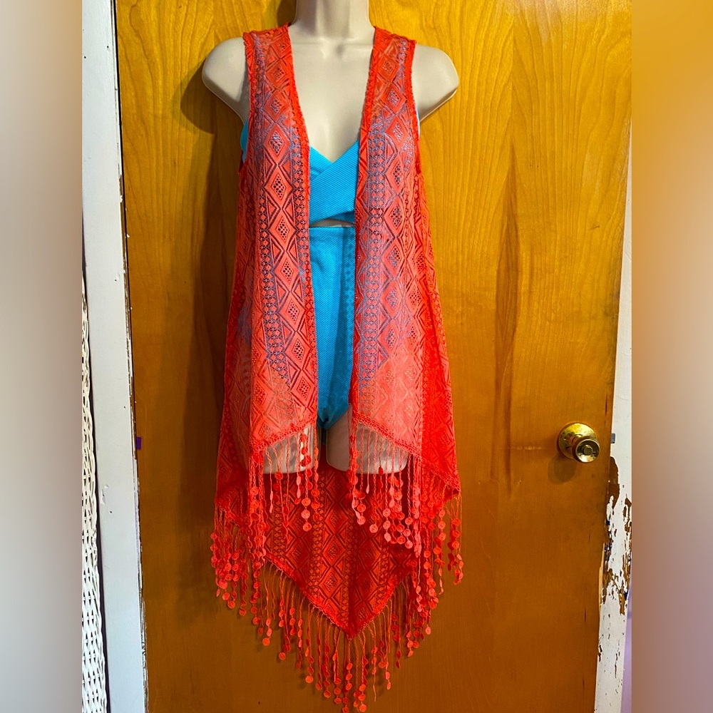 NWT American Rag swimsuit beach cover up, San Juan Coral Ice,lace ,fringe, small